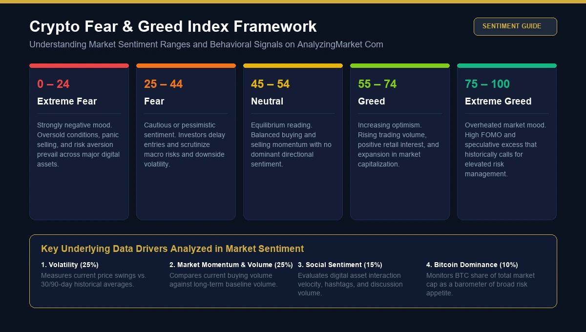Crypto Fear and Greed Index framework showing market sentiment ranges and indicator signals