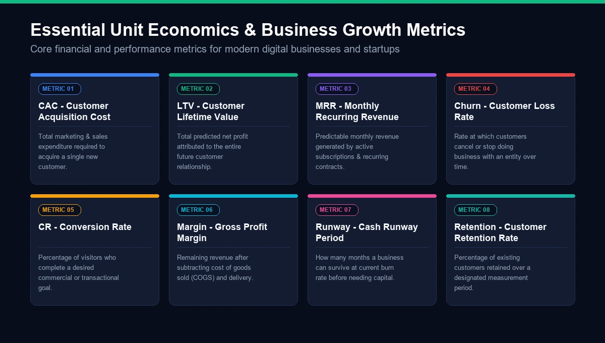 Essential unit economics and business growth metrics diagram