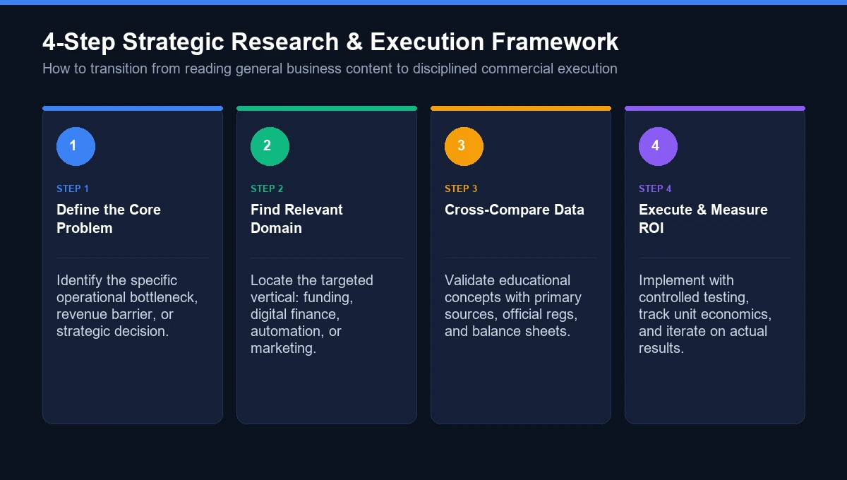 Four-step strategic research and execution framework diagram