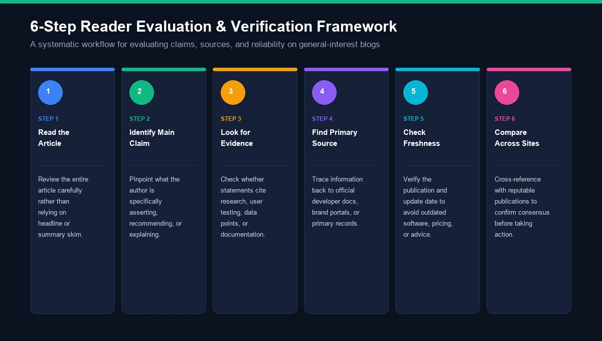 Six-step reader evaluation and content verification framework diagram