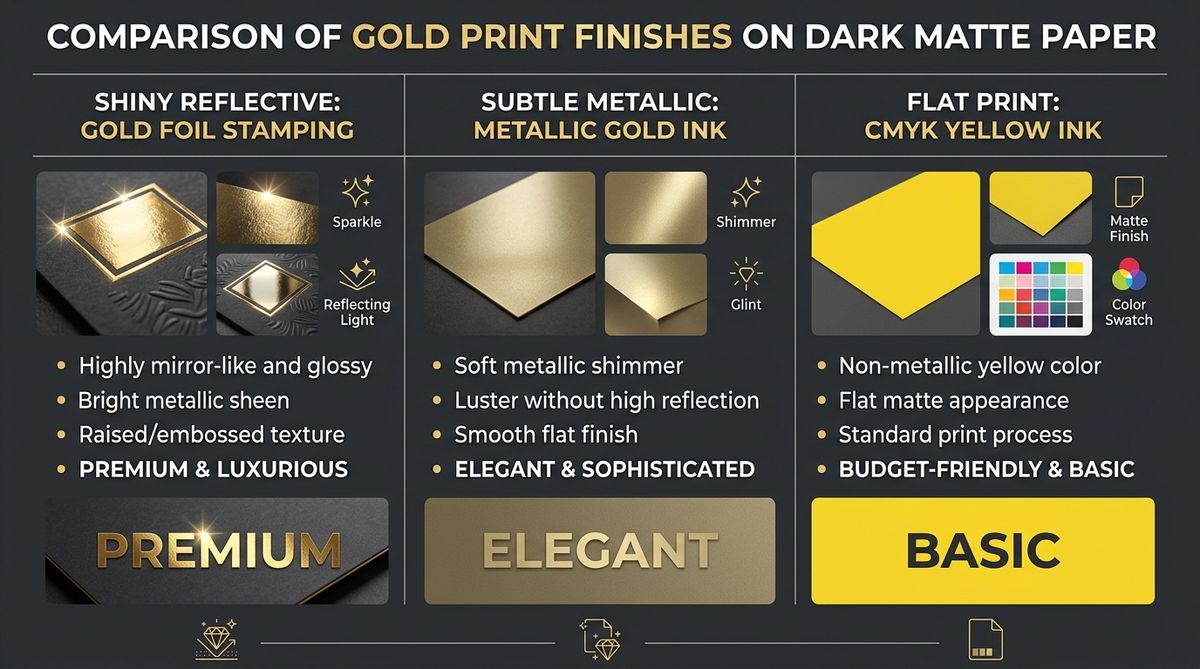 Visual comparison chart showing Gold Foil Stamping vs Metallic Gold Ink vs CMYK Yellow Ink