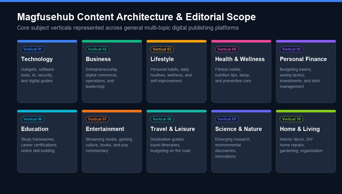 Magfusehub content architecture and editorial categories taxonomy diagram