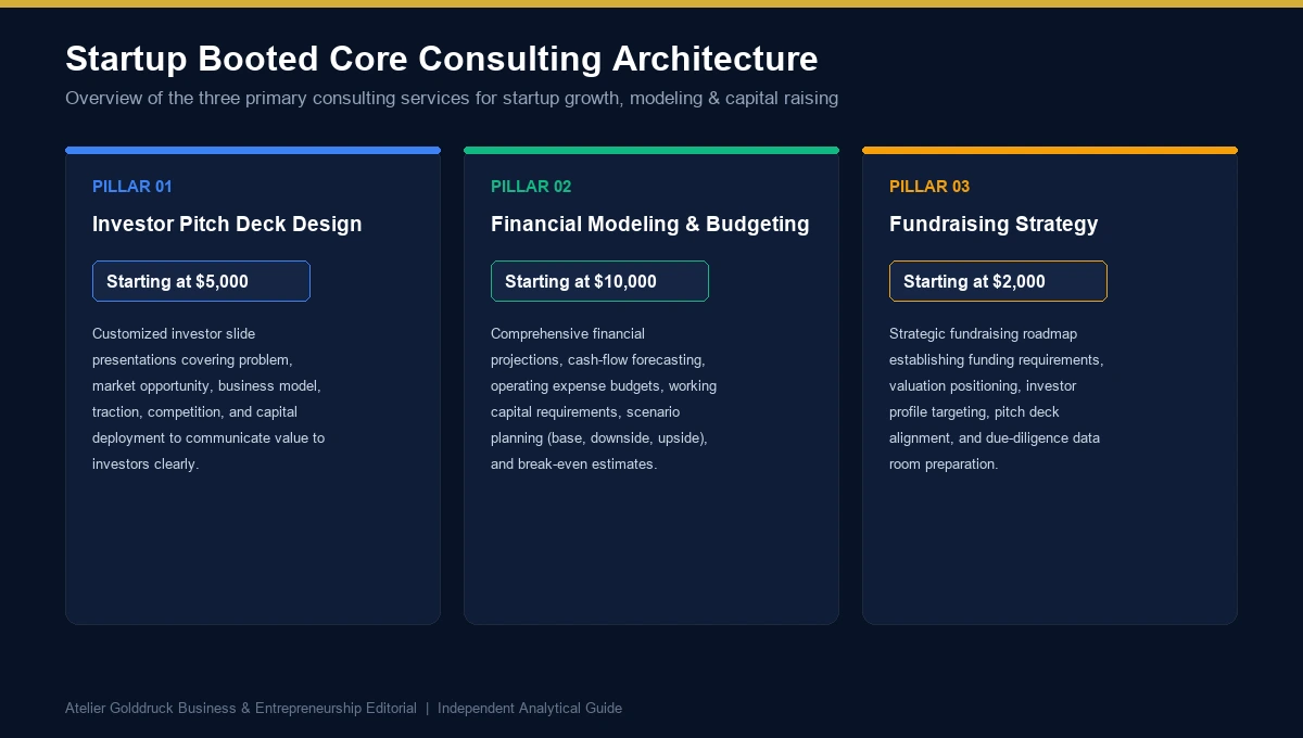 StartupBooted core consulting pillars: Pitch Deck Design, Financial Modeling and Budgeting, and Fundraising Strategy