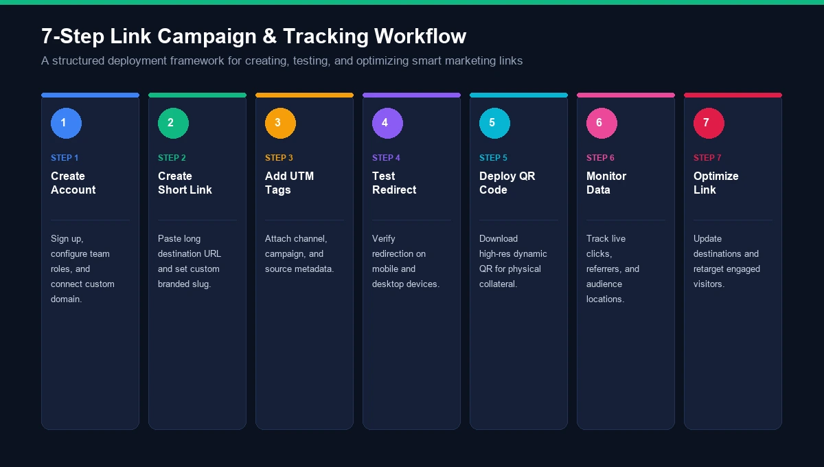 Seven-step link campaign tracking and optimization workflow diagram