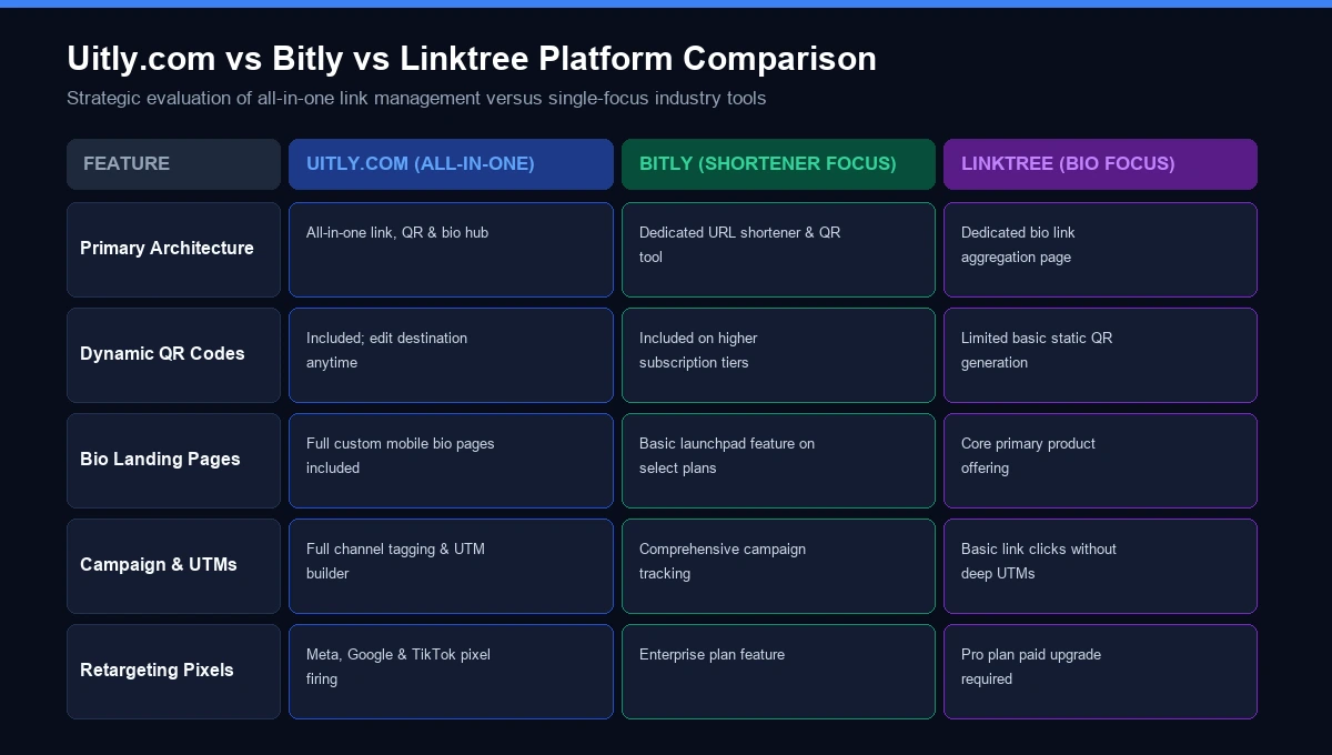 Uitly.com vs Bitly vs Linktree feature comparison matrix diagram