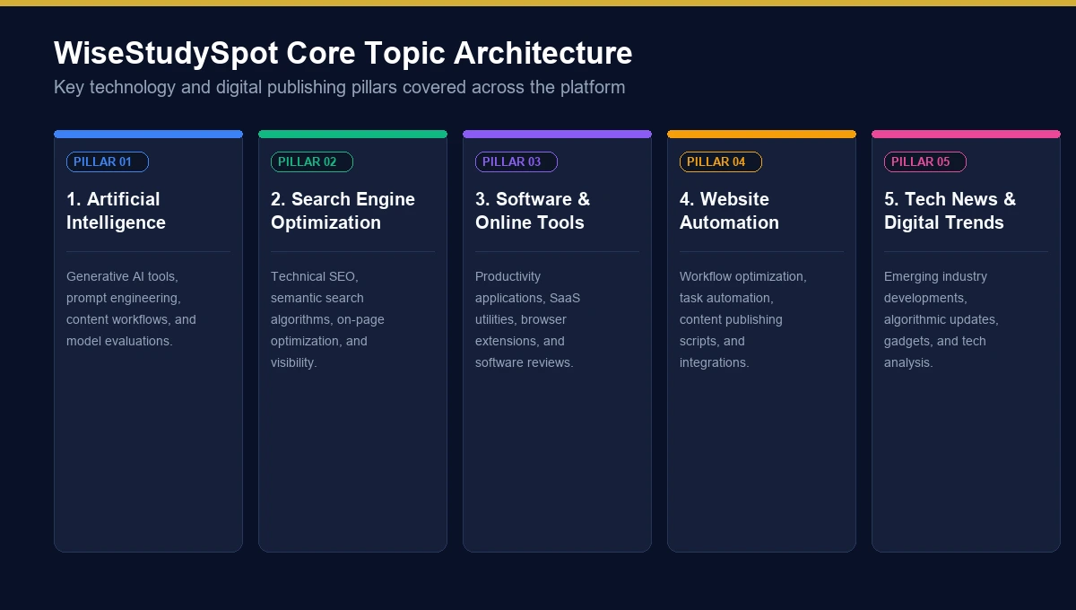 WiseStudySpot core topic architecture and digital pillars diagram
