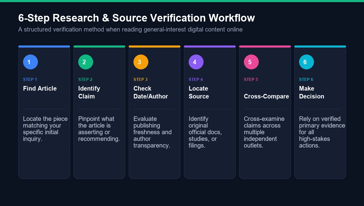 Six-step research and source verification workflow diagram